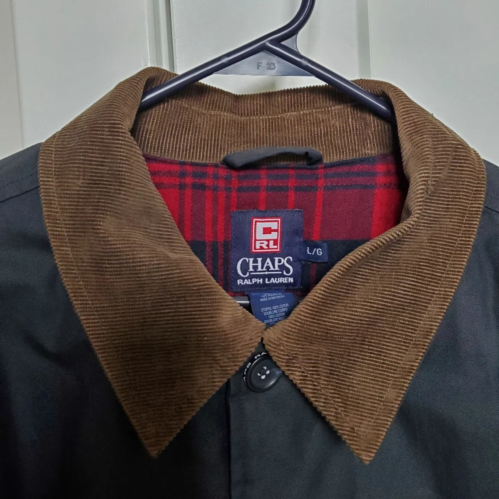 Chaps Ralph Lauren Men's L Coat, Corduroy Collar, Red Plaid Flannel Inside